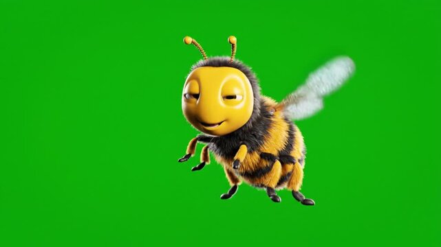 Cute cartoon bee with big eyes on green background