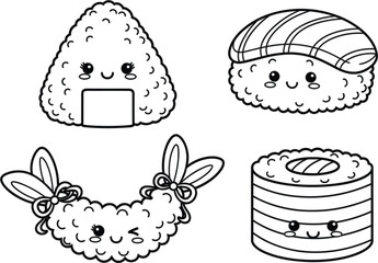 Set of cute kawaii sushi line icons featuring onigiri nigiri maki roll and tempura shrimp with happy faces for Japanese food menu coloring books and sticker design. © shahariar