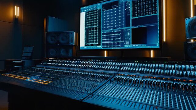 High tech recording studio control room with large mixing console, multiple studio monitors and a daw screen showing audio software, illuminated faders and knobs for music production