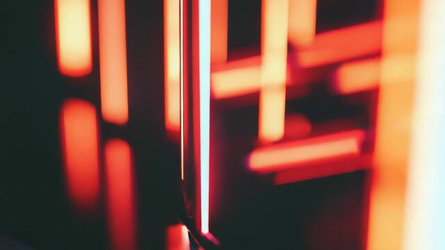 Abstract parallel light bars illuminating a metallic surface, creating reflections and patterns in a dark digital environment, symbolizing advanced future technology and modern design