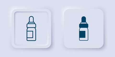 Obraz premium Filled and outline Essential oil bottle icon isolated on grey background. Organic aromatherapy essence. Skin care serum glass drop package. Square button. Vector