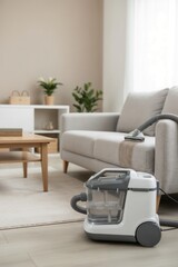 Fototapeta premium Upholstery extractor vacuum cleaning fabric sofa in modern living room