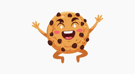 Obraz premium A cheerful cartoon cookie with chocolate chips jumping in the air