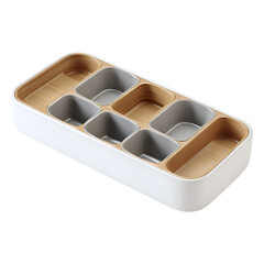 A white ceramic ice cube tray with six round compartments filled with ice cubes.