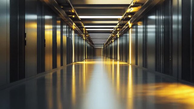 Server racks standing in an illuminated corridor, representing digital infrastructure, global networking, computing power, cloud technology, and information storage in a high tech environment