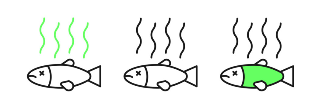 Set line Dead fish icon isolated on white background. Rotten fish. Vector