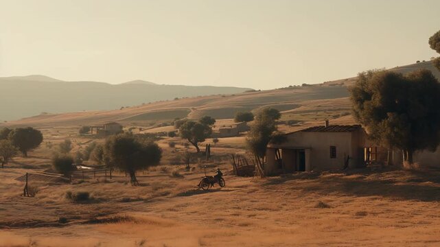 Rural person riding a motorcycle on a dirt track, creating dust in a dry, sun drenched countryside with scattered trees and traditional adobe buildings under a vast sky at sunset