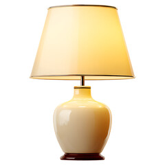 A classic white ceramic table lamp with a beige lampshade on a white background