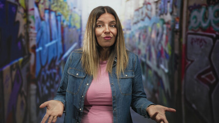 Naklejka premium Woman in denim jacket showing palms up shrug gesture in narrow graffiti street with pink shirt visible; confusion casual.