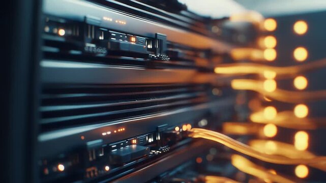 Server rack featuring multiple connection ports and glowing fiber optic cables, indicating data transfer and high speed network communication within a modern datacenter environment