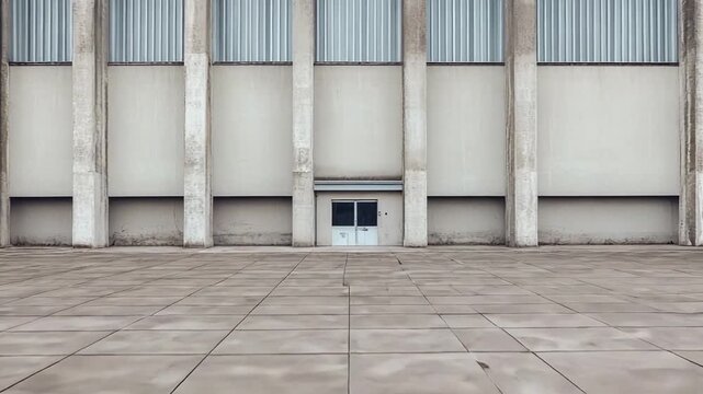 Modern architecture building featuring a powerful concrete facade with repetitive vertical elements. Creating a sense of order and strong visual structure. Complemented by a large tiled outdoor ground