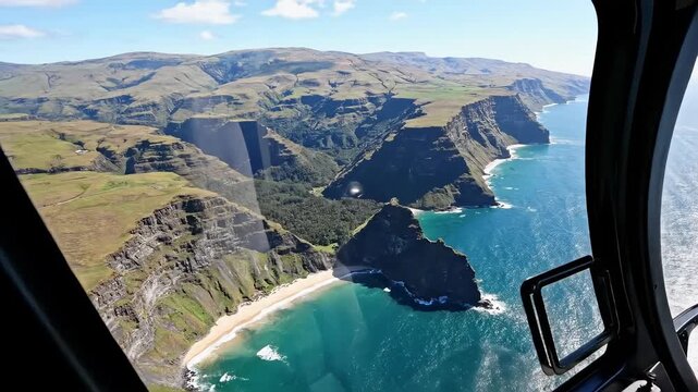 View from inside a helicopter cockpit flying over a dramatic green coastline. Aerial sightseeing tour looking out the window at cliffs and ocean. Adventure travel concept