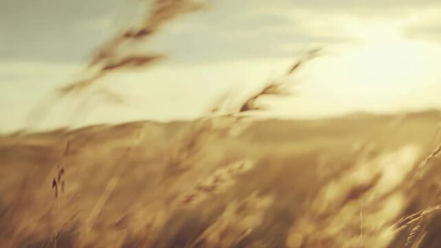 Dry golden grasses swaying gently in a vast field under the sky, catching the warm light of the sun during the peaceful evening, creating a serene and tranquil natural landscape