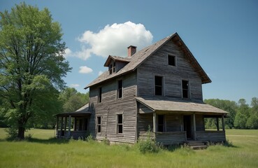 Dilapidated two-story wooden farm house stands empty in sunny field with green trees. Weathered wood siding, broken windows, and overgrown grass surround aged dwelling under blue sky with clouds.
