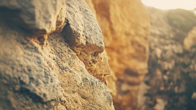 Rugged sunlit cliff face with warm golden hour light highlighting layered sandstone textures, weathered erosion patterns and earthy brown orange tones for natural backgrounds