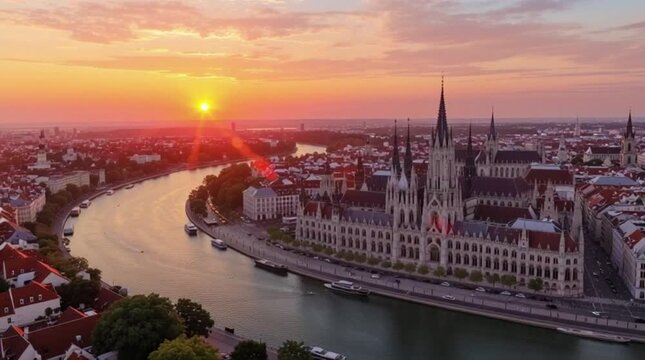 Aerial view of Vienna cityscape at sunset with river and gothic buildings