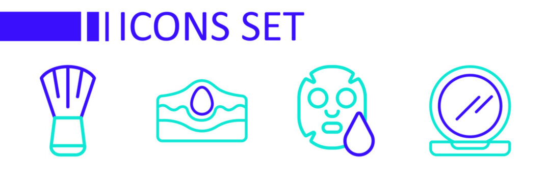 Set line Makeup powder with mirror, Facial cosmetic mask, Acne and brush icon. Vector