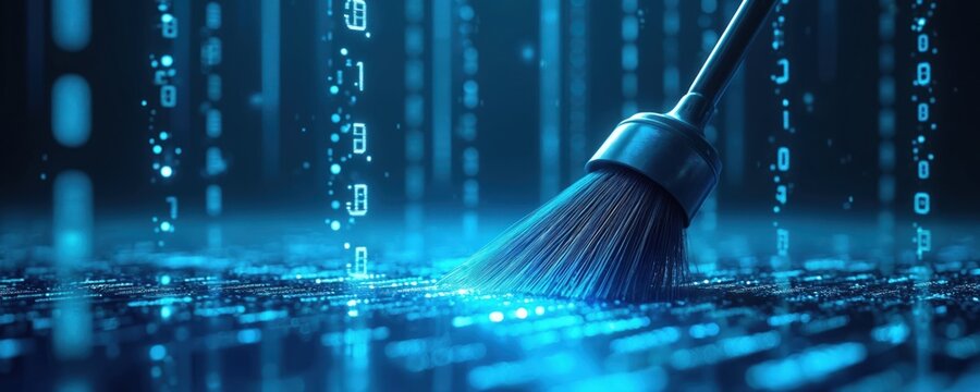 Broom swepic digital data streams made of binary code. Cleaning process in a glowing blue matrix suggests data cleanup and tech transformation. Futuristic abstract background.