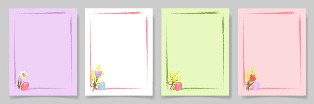 Children chalk drawing easter frame templates in kid crayon hand drawn style. Spring floral border with copy space for greeting card, website header, marketing campaign and social media.