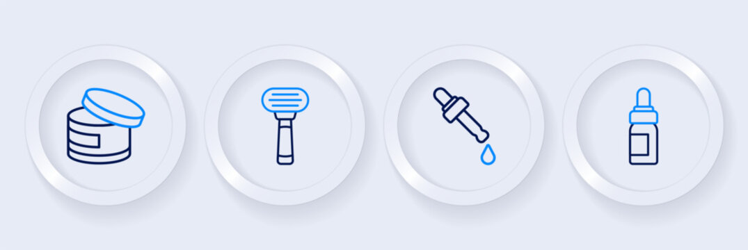 Set line Essential oil bottle, Pipette with, Shaving razor and Cream lotion cosmetic tube icon. Vector