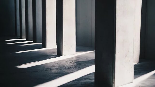 Concrete pillars standing in a row, creating a minimalist architectural pattern with strong light and shadow contrasts on the floor, suggesting rhythm and structure
