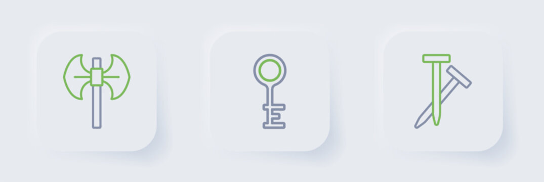 Set line Metallic nails, Old key and Medieval poleaxe icon. Vector