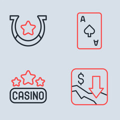 Set line Playing card with spades symbol, Casino signboard, Financial growth decrease and Horseshoe icon. Vector