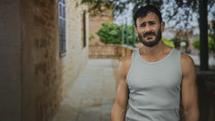 Fototapeta premium Man with beard, visible stubble and bare arms grimacing in a narrow stone street wearing a tank top; unease reflection.