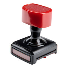 A close-up view of a red rubber stamp with black text on a black base.