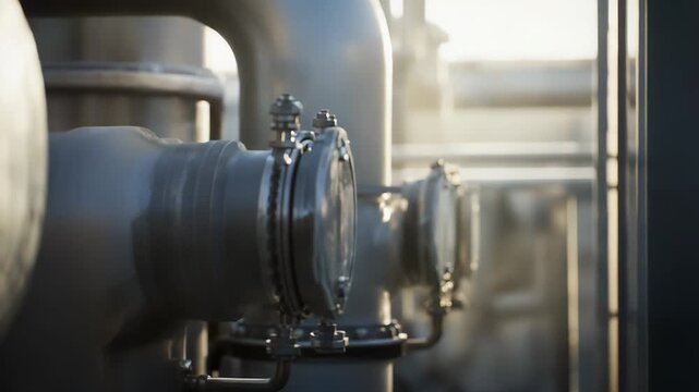 Complex network of steel pipes and valves in an industrial plant, showing weathered metal, flanges and connections that control flow and pressure in manufacturing and energy systems