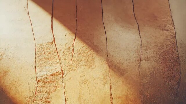 Grungy textured surface of an old stone wall, illuminated by a diagonal beam of natural light, forming an abstract pattern of warm brown and orange tones