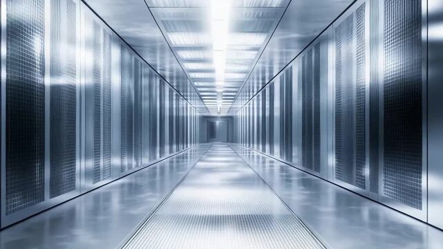 Long, illuminated hallway in a modern data center, featuring rows of server racks, complex network infrastructure, and advanced cooling systems for high performance computing