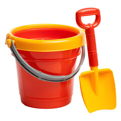 A vibrant red bucket and shovel set on a white background