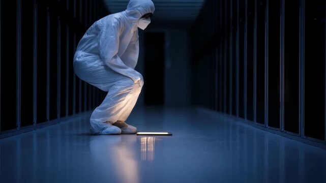 Worker dusting sensitive electronic equipment inside a modern data center ensuring optimal performance and reducing the risk of hardware failure.