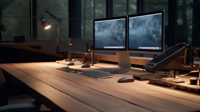 Workspace featuring dual computer monitors, wireless keyboards and mice, an ergonomic office chair, and a task lamp illuminating a solid wooden desk, ready for focused work
