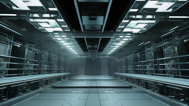 Long futuristic server corridor extending into distance, featuring glowing illuminated panels and intricate network infrastructure for data storage and cyber security concepts