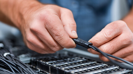 Close-up of hands connecting audio or electronic cables to a mixing console.