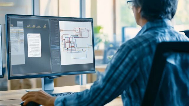 Medium shot of a worker configuring an automated payment system interface highlighting smooth integration with customer accounts and backend processes in a bright office.