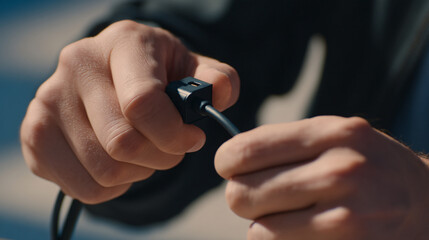 Person plugging in a power cable into an electronic device.
