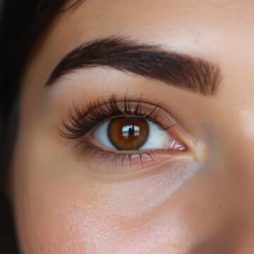 Close-up brown eye with dark arched eyebrows perfectly shaped and defined. Long lashes frame the eye, showing subtle makeup application and flawless skin texture.