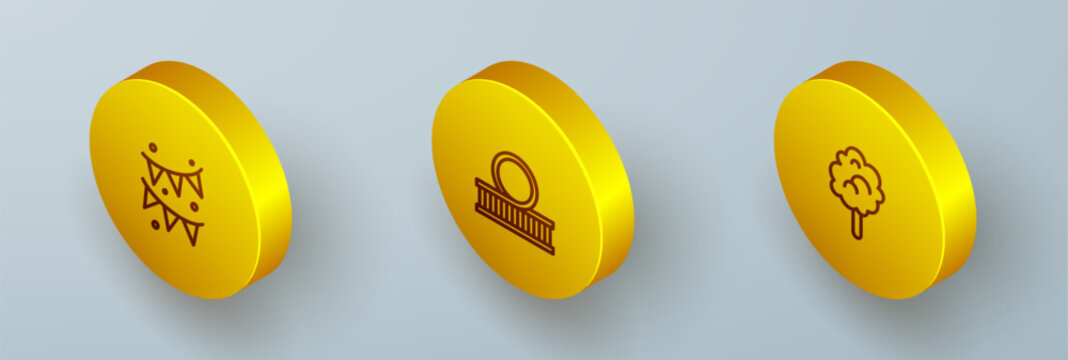 Set Isometric line Carnival garland with flags, Roller coaster and Cotton candy icon. Vector