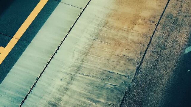 Asphalt road with clear yellow markings and a concrete barrier illustrates the theme of transportation infrastructure, movement, direction, and travel