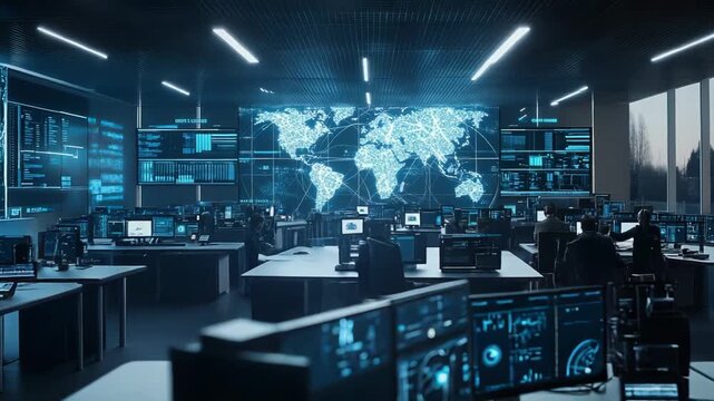 Modern dark command room with a large screen displaying a world map and interconnected networks, multiple workstations monitoring data, and it professionals working on complex cyber systems