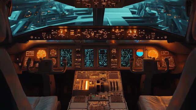 Airplane cockpit bathed in glowing buttons and digital screens, detailed control panels and instruments showcasing advanced avionics, precision systems and modern aviation tech
