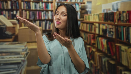 Hispanic young brunette woman smiling, palms up presenting gesture among bookshelves in a library building  curiosity. © Krakenimages.com