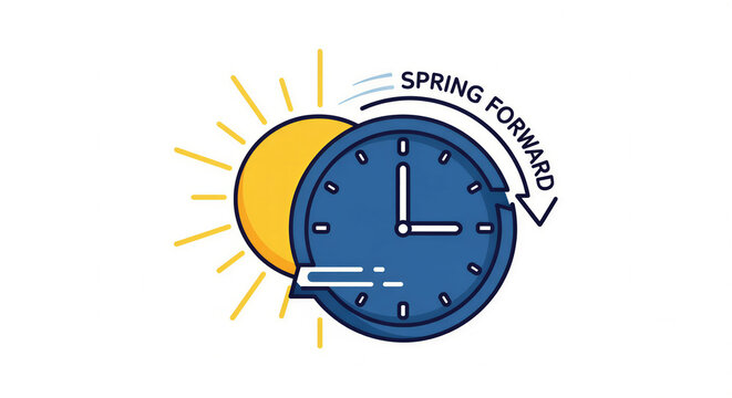 Clock illustrating spring forward time change with sun graphic  