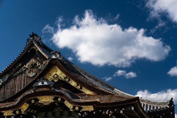Traditional Japanese Castle, Zen Garden, Blue Sky and Clouds, Shogun Era, Samurai, Nijo Castle Kyoto Japan
