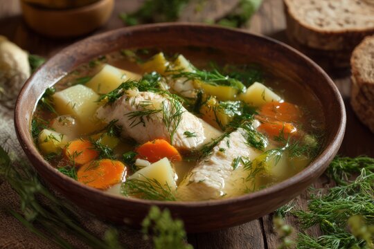 Yushka clear fish soup with vegetables and herbs served in a wooden bowl on a rustic table