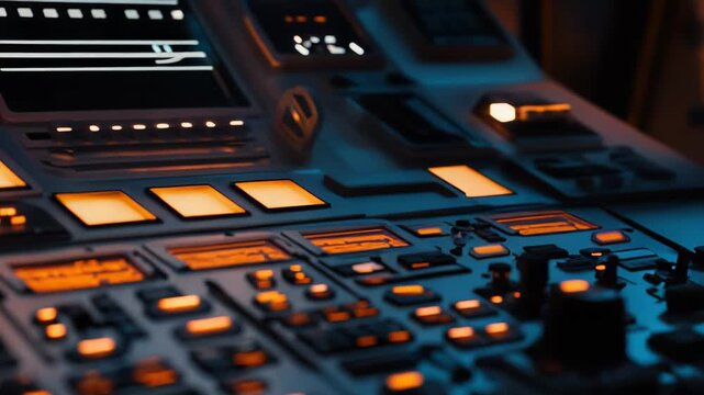 Control panel system illuminating a futuristic cockpit, featuring an array of buttons, screens, and controls, suggesting advanced technology and a sci fi environment