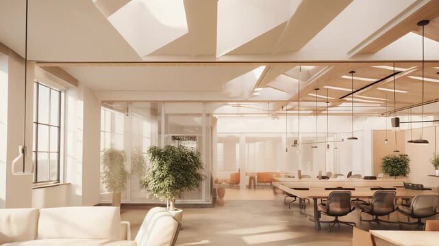 Contemporary open plan office space featuring a bright lounge area with comfortable sofas and multiple workstations, promoting a collaborative and productive work environment